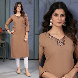 Brown Solid With Mirror Embroidered Cotton Blend Kurti