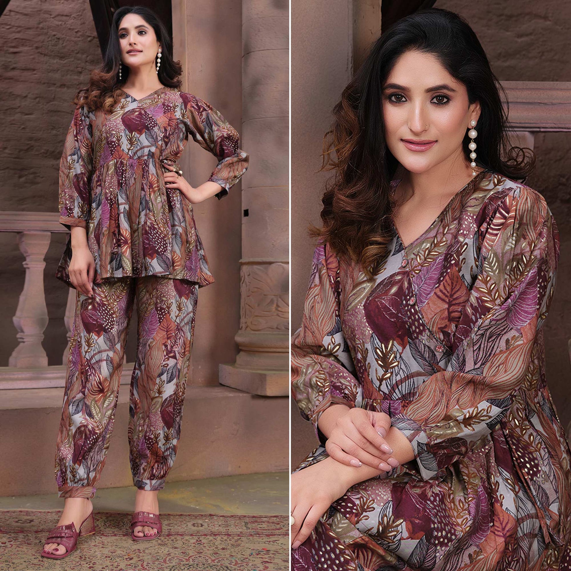 Multicolor Floral Printed Chanderi Co Ord Set