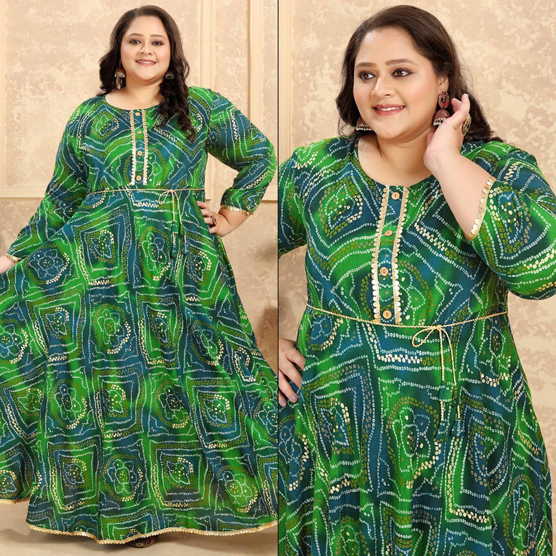 green-bandhani-printed-rayon-long-kurti