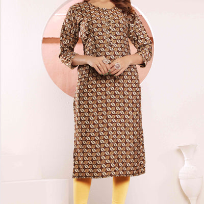 Brown Foil Printed Muslin Viscose Kurti