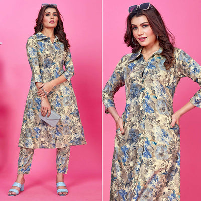 Cream Floral Foil Printed Rayon Co-Ord Set