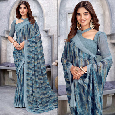 Grey Printed Georgette Saree
