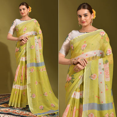 green-floral-digital-printed-linen-saree-with-tassels-1