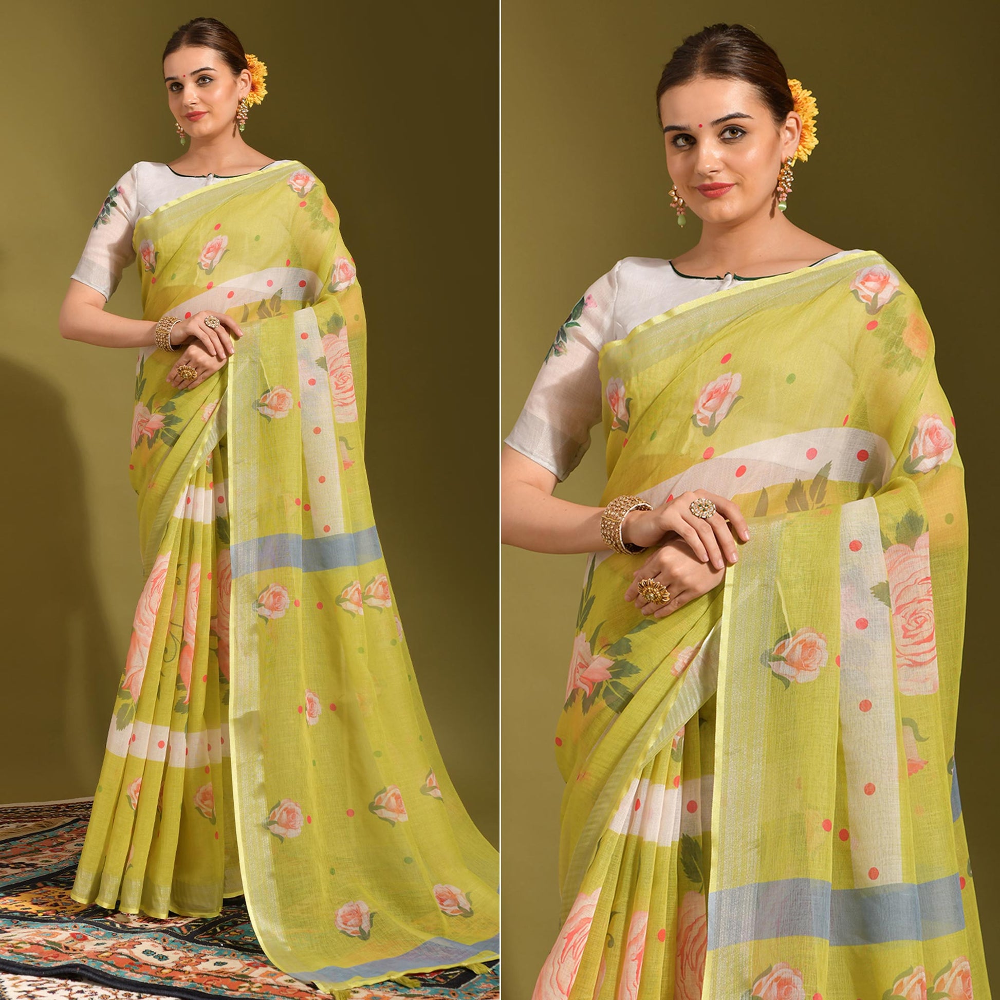 green-floral-digital-printed-linen-saree-with-tassels-1