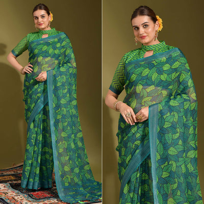 green-digital-printed-linen-saree-with-tassels-2
