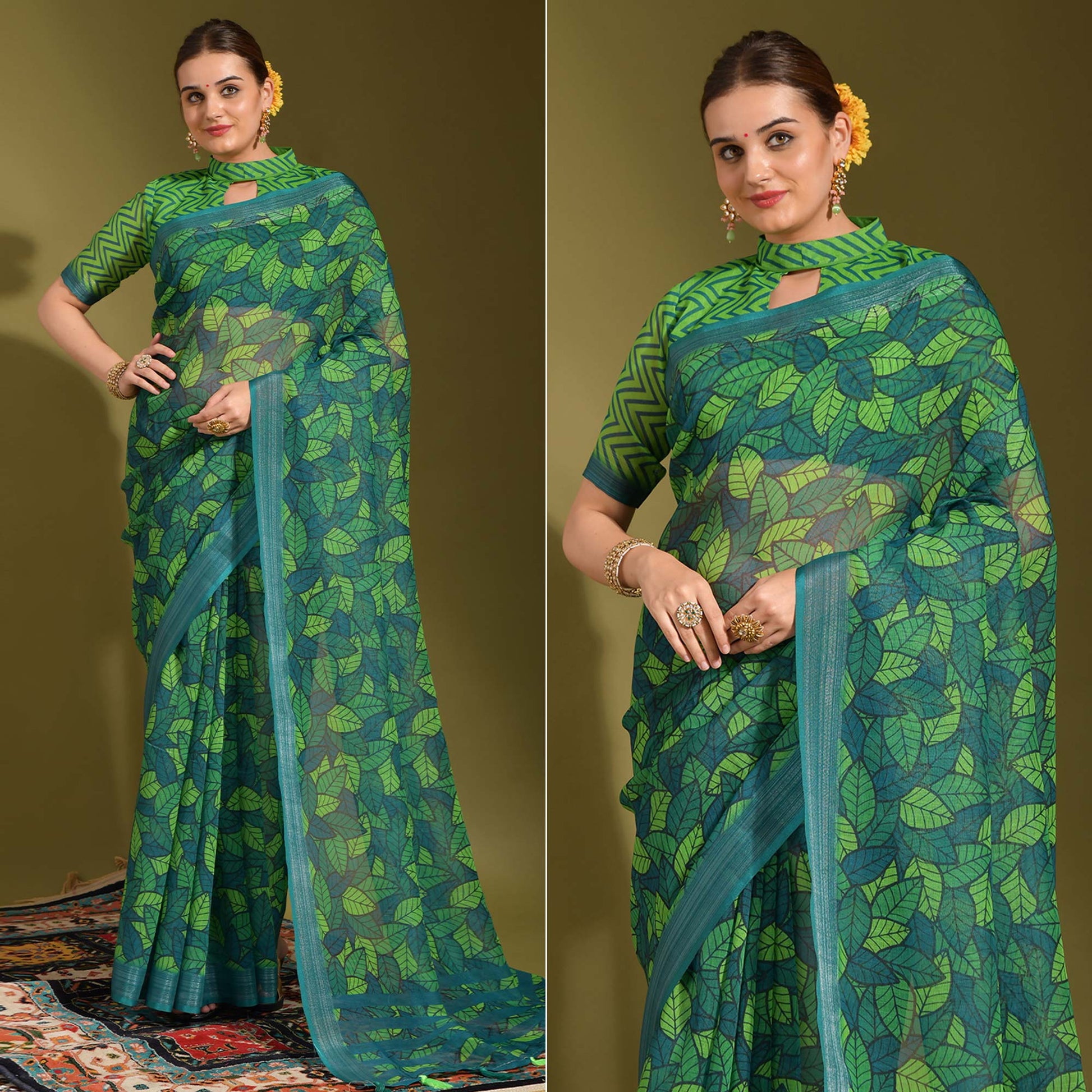 green-digital-printed-linen-saree-with-tassels-2