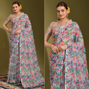 Multicolor Floral Digital Printed Linen Saree With Tassels
