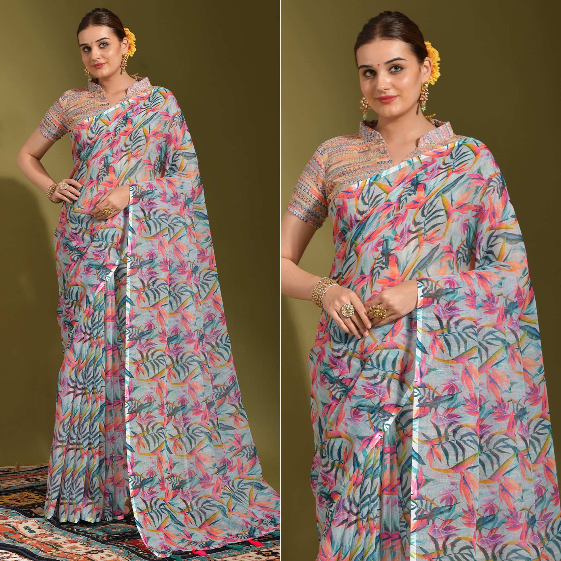 Multicolor Floral Digital Printed Linen Saree With Tassels