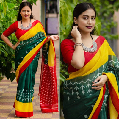 green-digital-printed-linen-saree-with-tassels-1