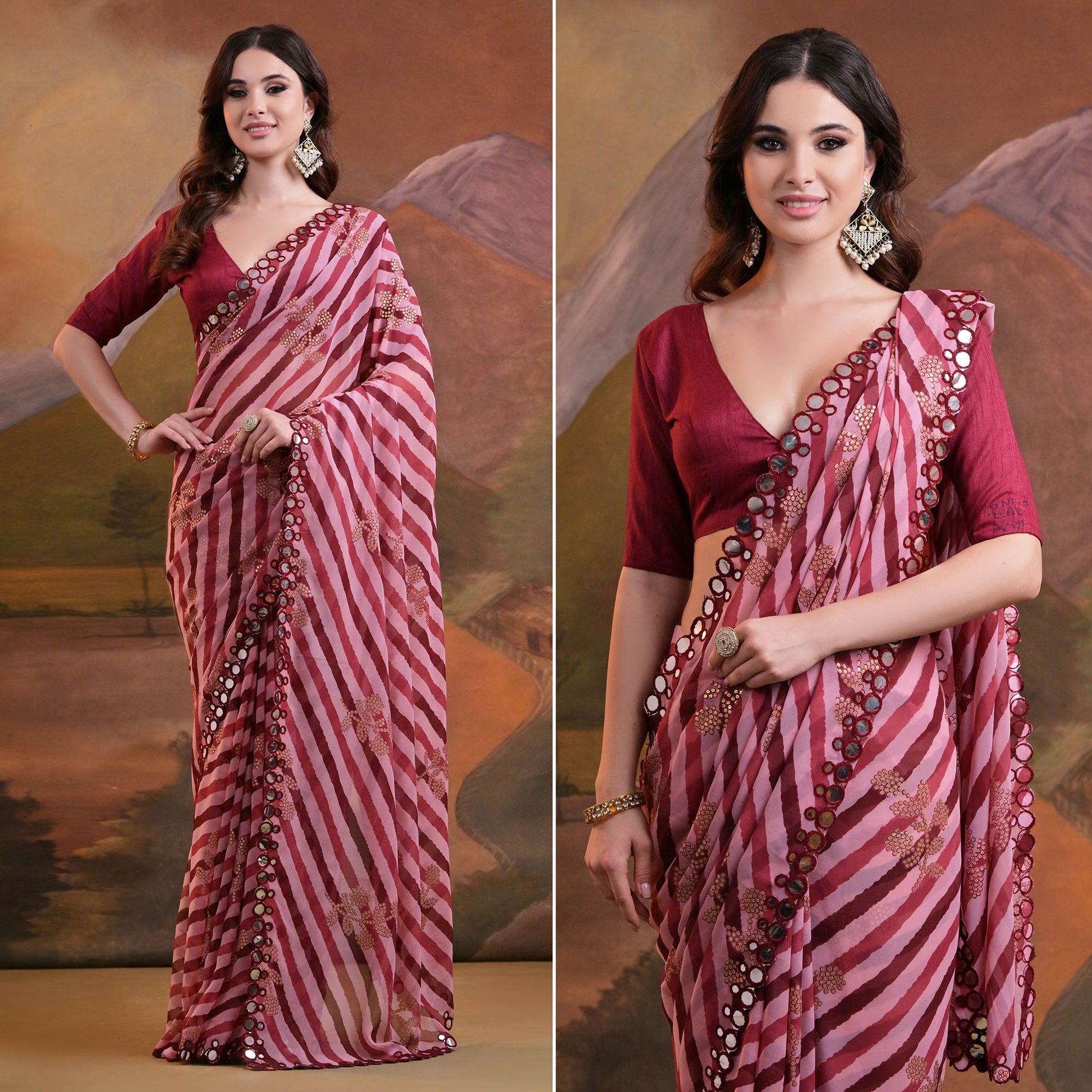 Maroon Leheriya With Floral Foil Printed Georgette Saree