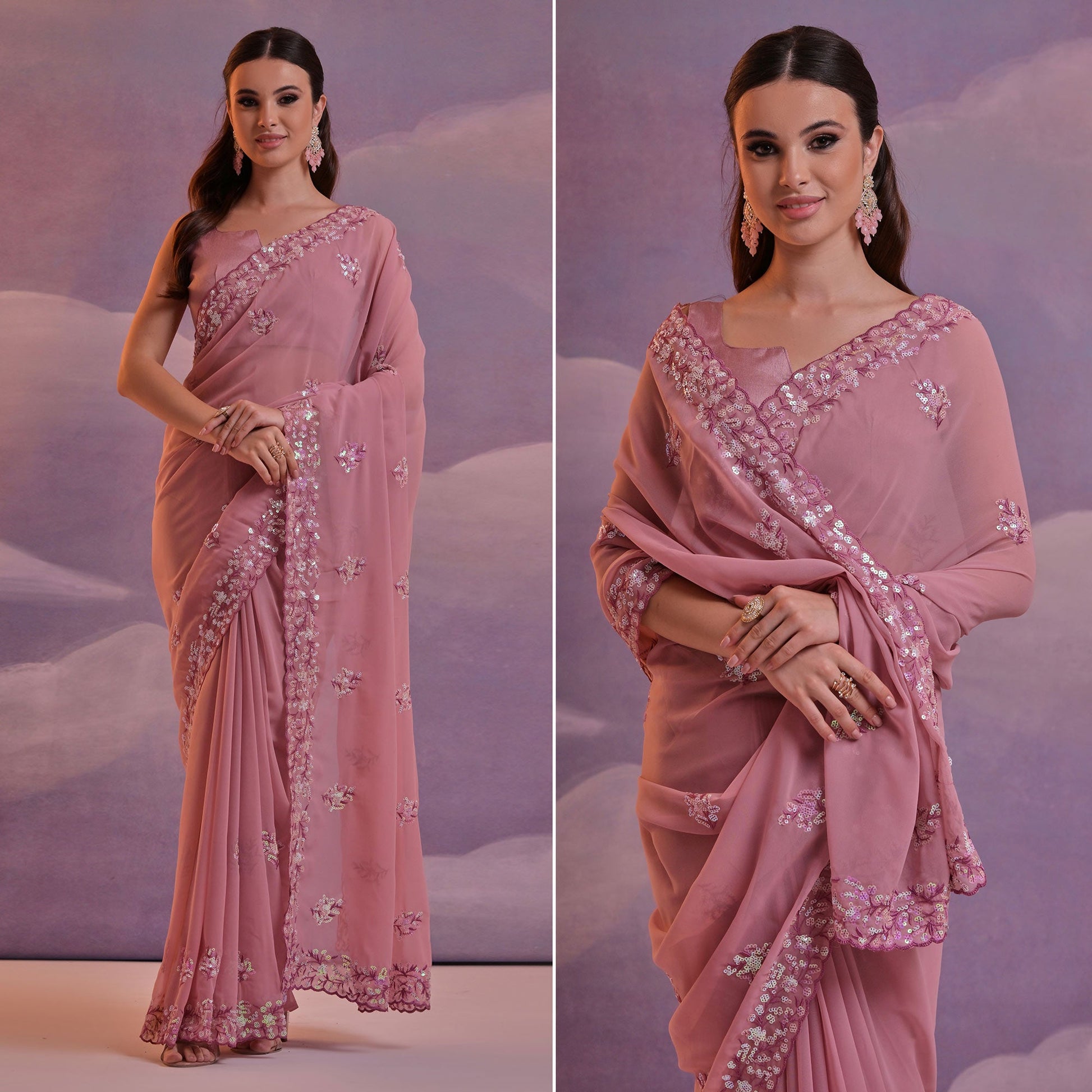 Mauve Floral Sequins Embroidered Saree
