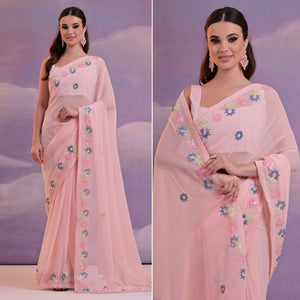 Light Pink Floral Sequins Embroidered Georgette Saree