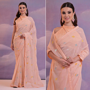 Light Peach Sequins Embroidered Georgette Saree
