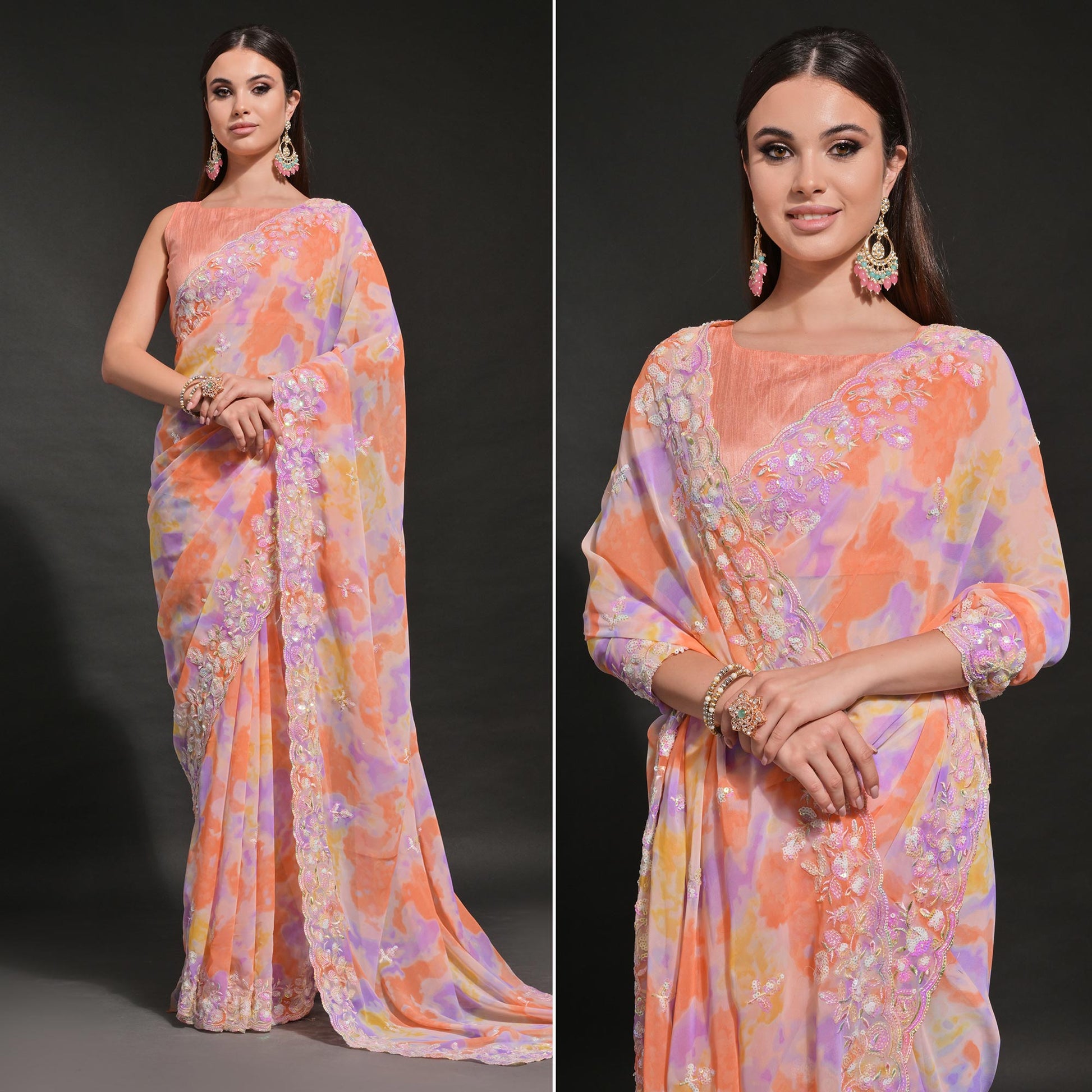 Light Orange Sequins Embroidered With Printed Georgette Saree