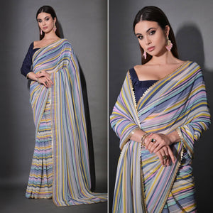 Blue Striped Printed With Sequins Embroidered Georgette Saree