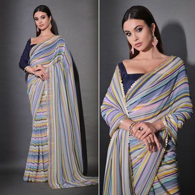Blue Striped Printed With Sequins Embroidered Georgette Saree