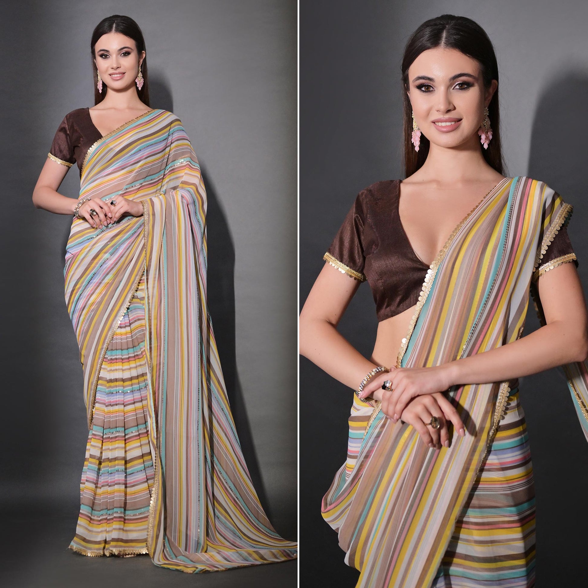 Brown Striped Printed With Sequins Embroidered Georgette Saree