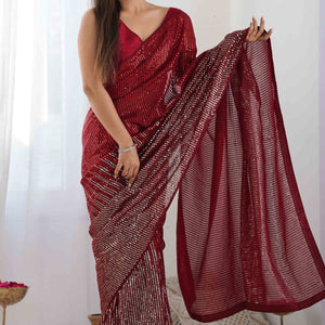 Maroon Sequins Embroidered Georgette Saree