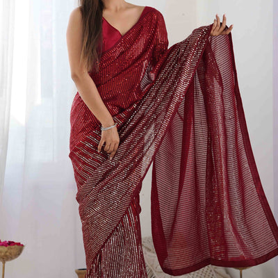 Maroon Sequins Embroidered Georgette Saree