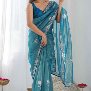 Dusty Teal Floral Embroidered Net Saree