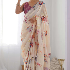 Cream Floral Printed Chinon Saree