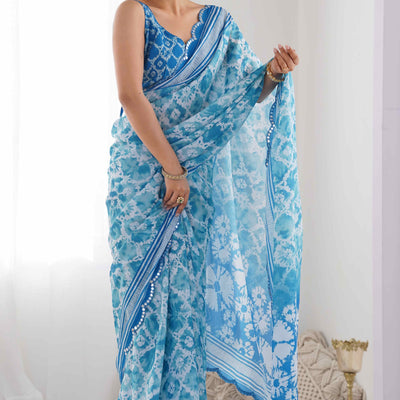 Blue Tie Dye Printed Chinon Saree