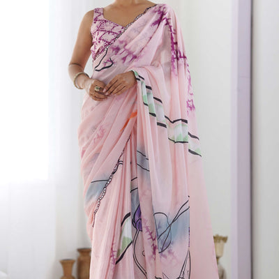 Light Pink Abstract Printed Chinon Saree