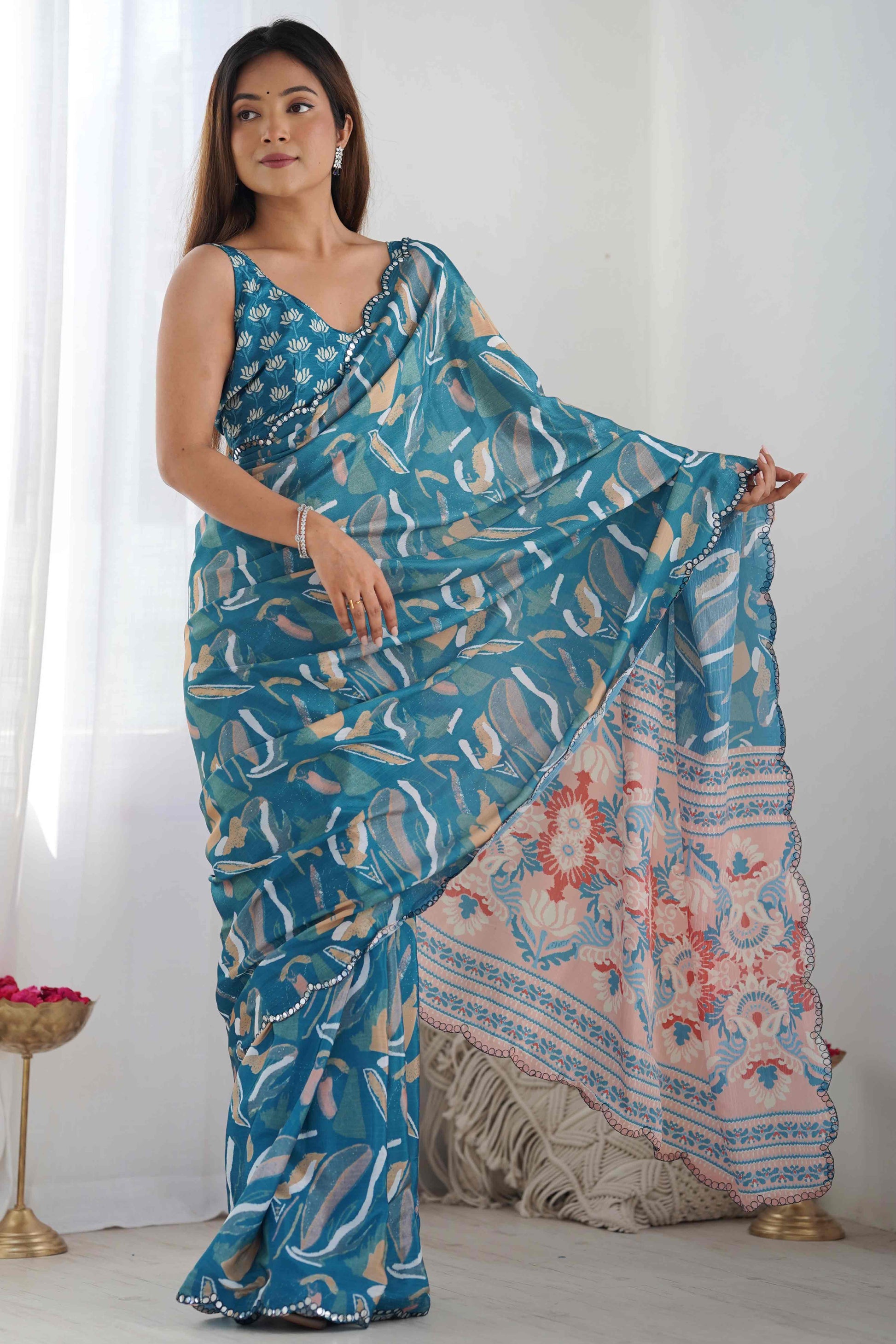 Light Teal Floral Printed Chinon Saree