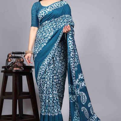 Morpich Blue Floral Printed Chanderi Cotton Silk Lagdi patta Saree