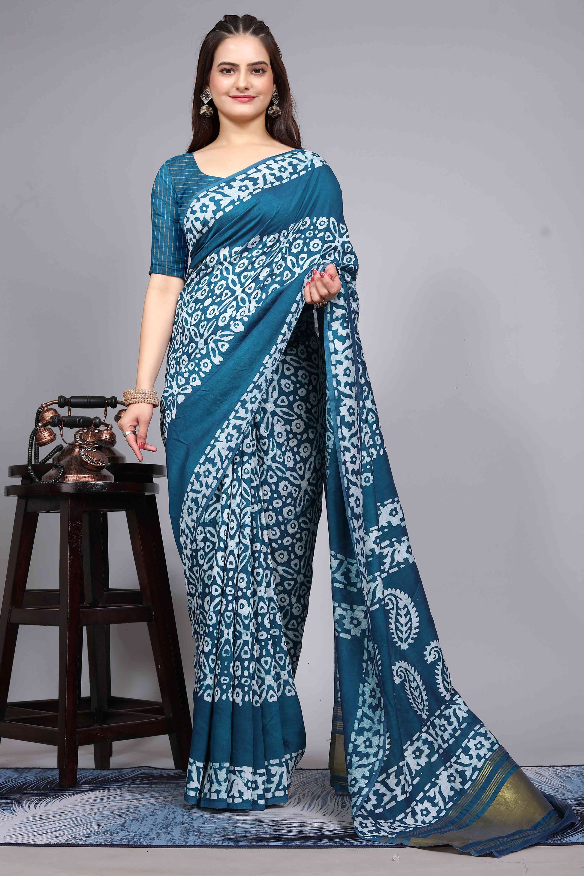 Morpich Blue Floral Printed Chanderi Cotton Silk Lagdi patta Saree