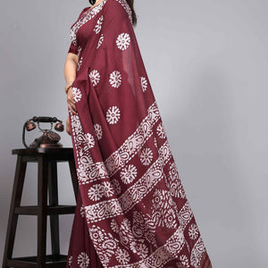 Maroon Floral Printed Chanderi Cotton Silk Lagdi patta Saree