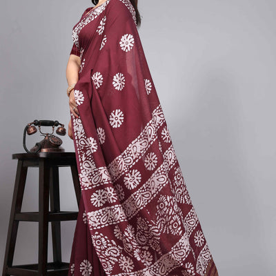 Maroon Floral Printed Chanderi Cotton Silk Lagdi patta Saree