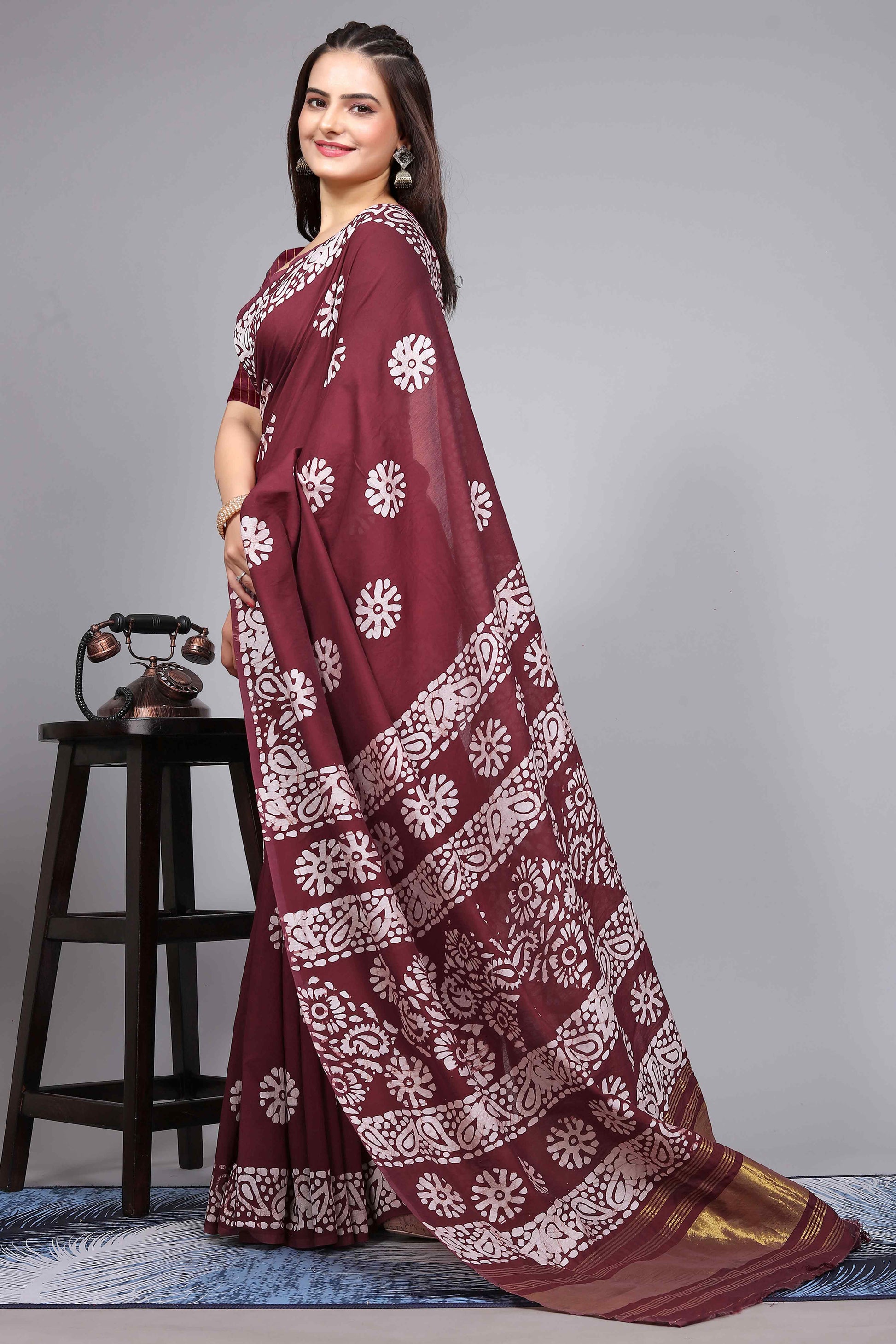 Maroon Floral Printed Chanderi Cotton Silk Lagdi patta Saree