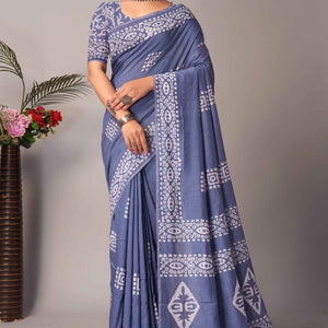 Lavender Batik Printed Chanderi Cotton Silk Saree