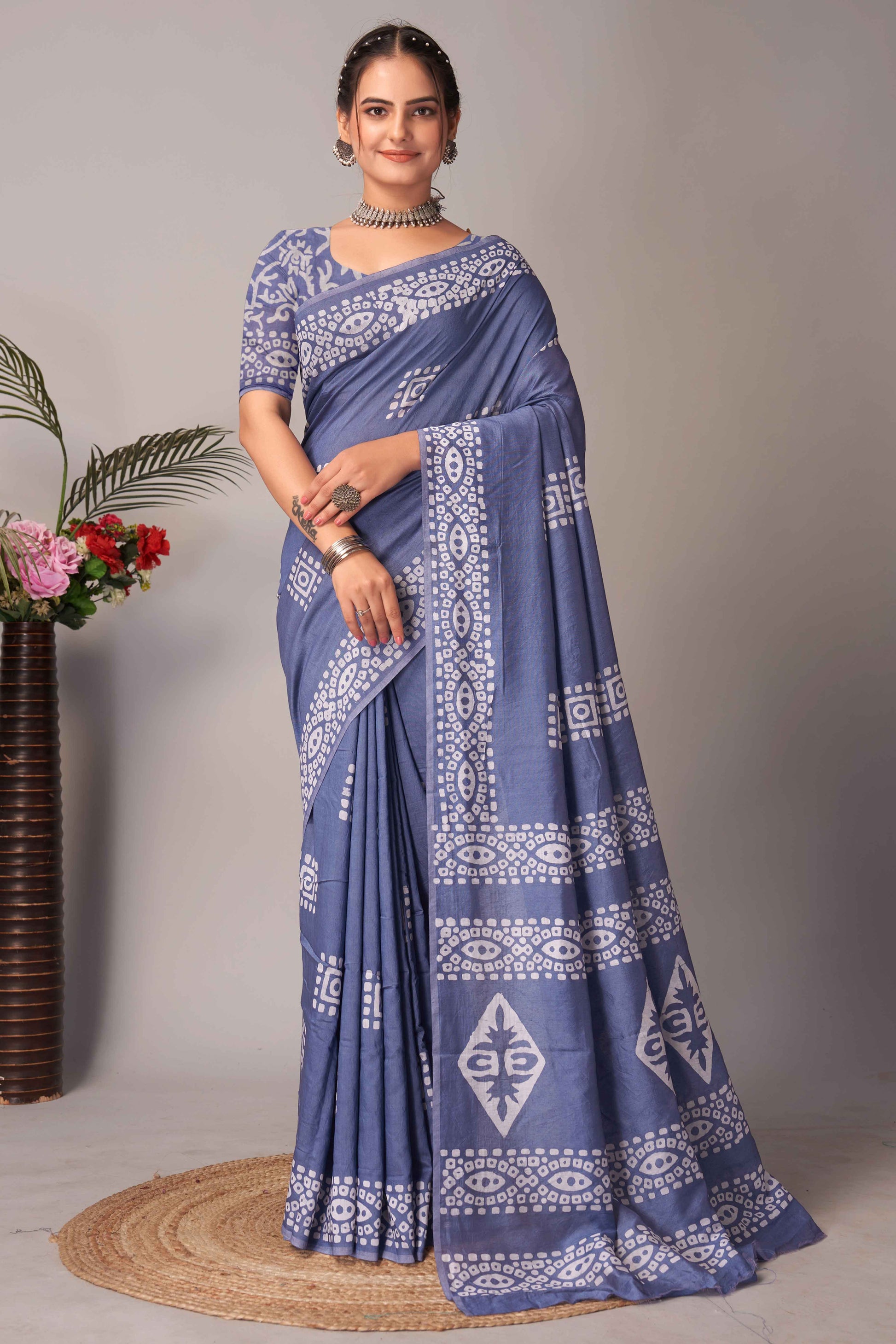 Lavender Batik Printed Chanderi Cotton Silk Saree