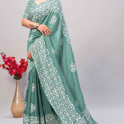 Dusty Green Batik Printed Chanderi Cotton Silk Saree