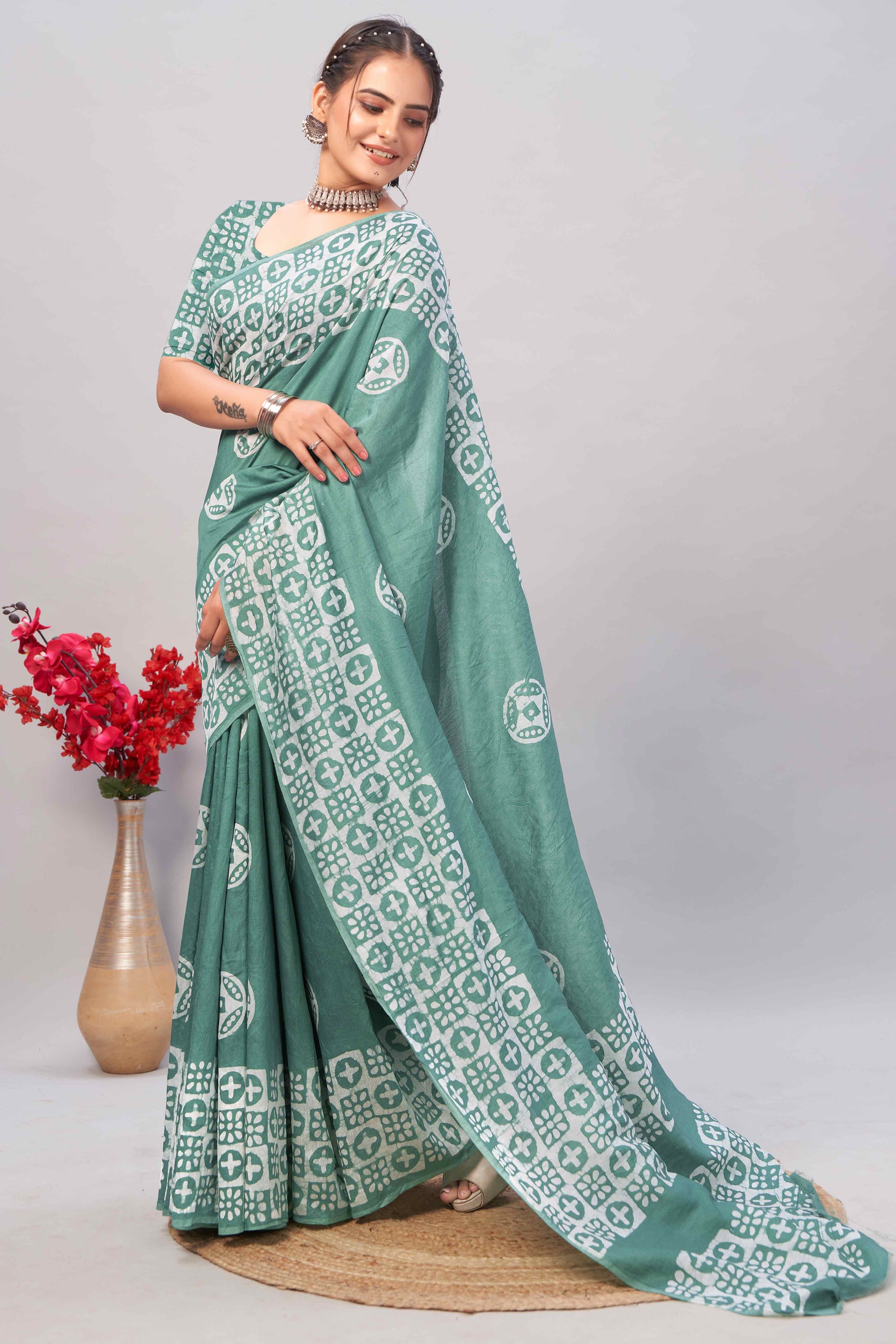 Dusty Green Batik Printed Chanderi Cotton Silk Saree