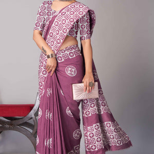 Light Wine Batik Printed Chanderi Cotton Silk Saree