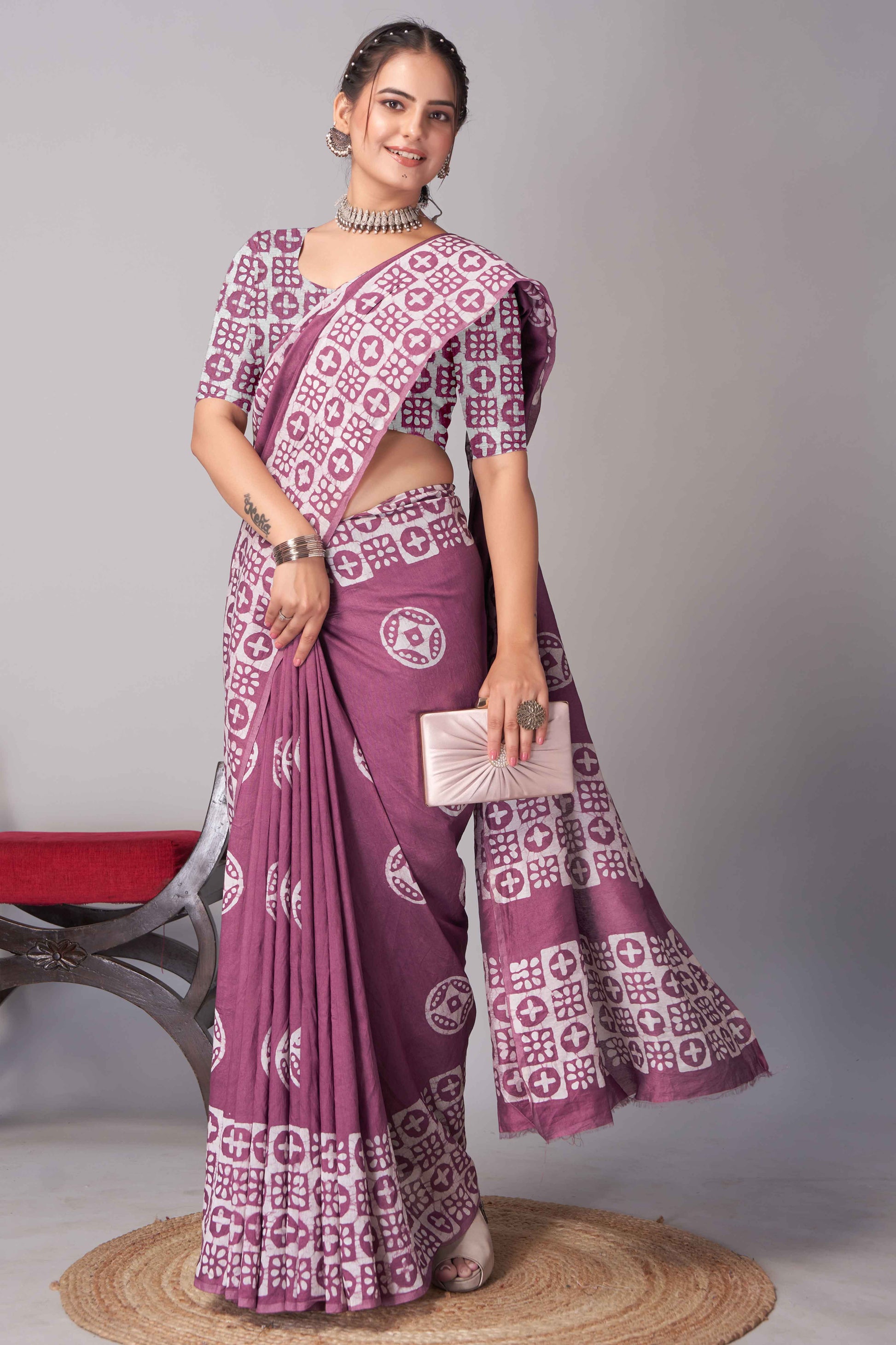Light Wine Batik Printed Chanderi Cotton Silk Saree