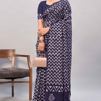 Dark Blue Zig Zag Batik Printed Chanderi Cotton Silk Saree