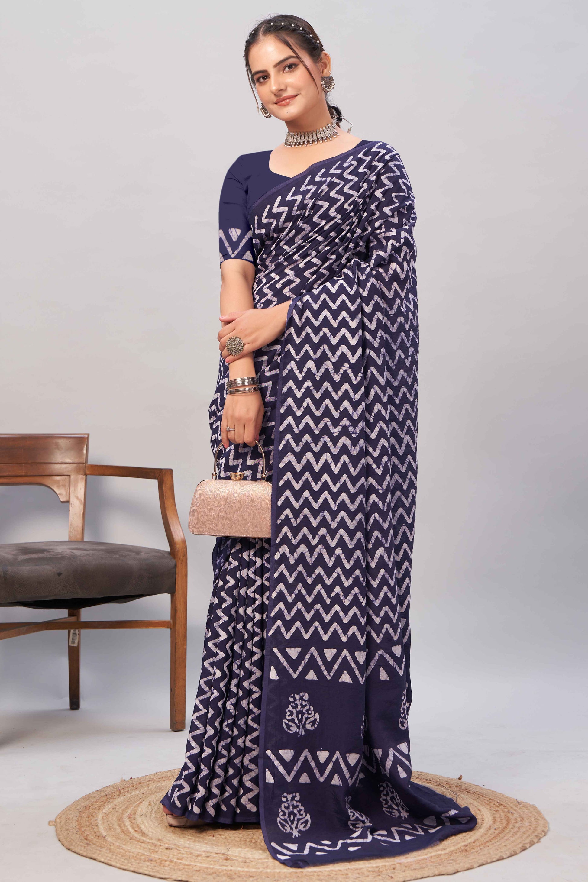 Dark Blue Zig Zag Batik Printed Chanderi Cotton Silk Saree