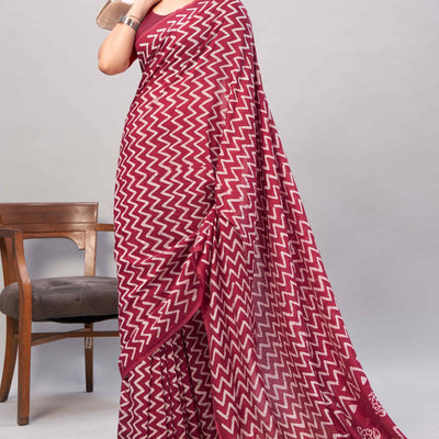 Maroon Zig Zag Batik Printed Chanderi Cotton Silk Saree