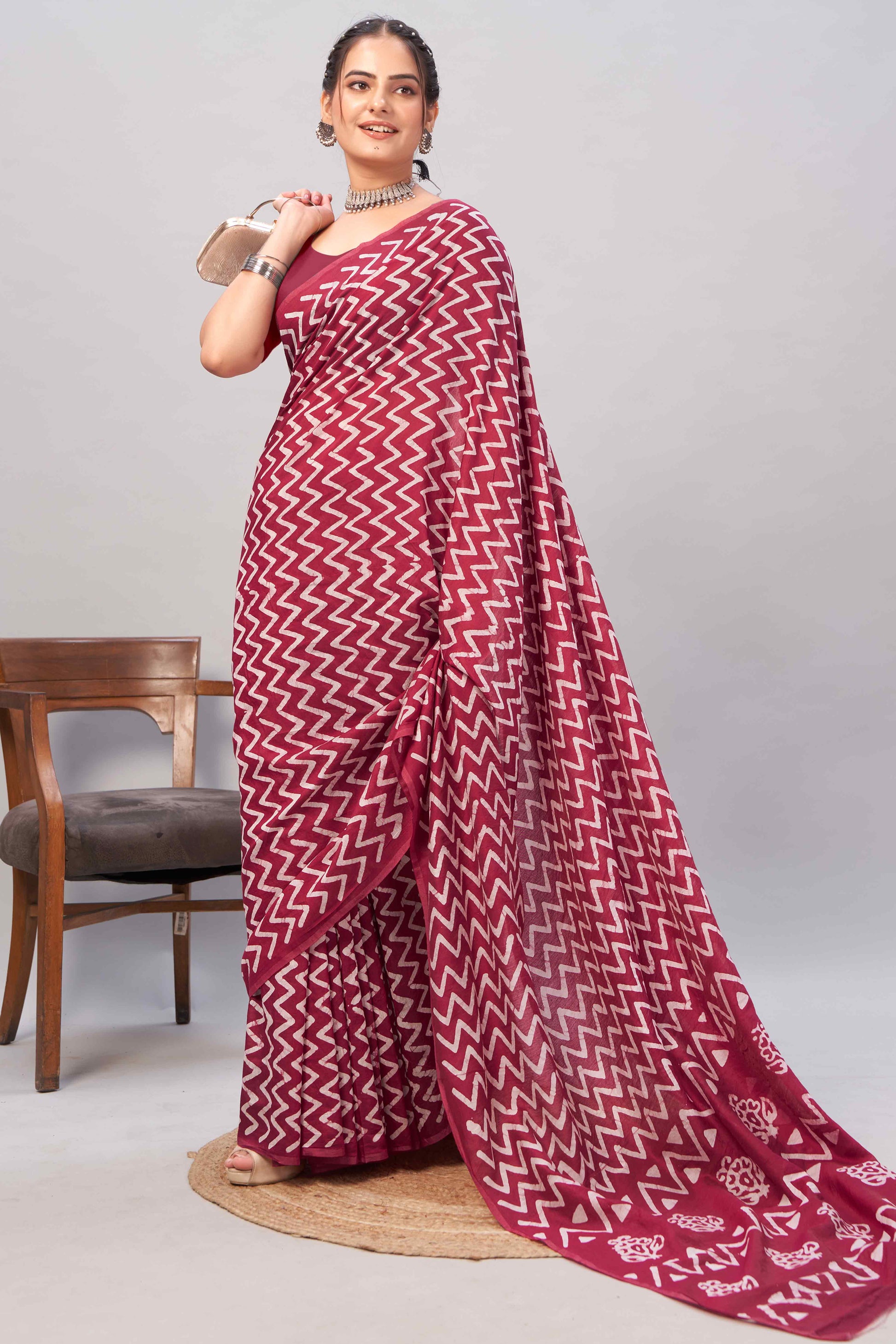Maroon Zig Zag Batik Printed Chanderi Cotton Silk Saree