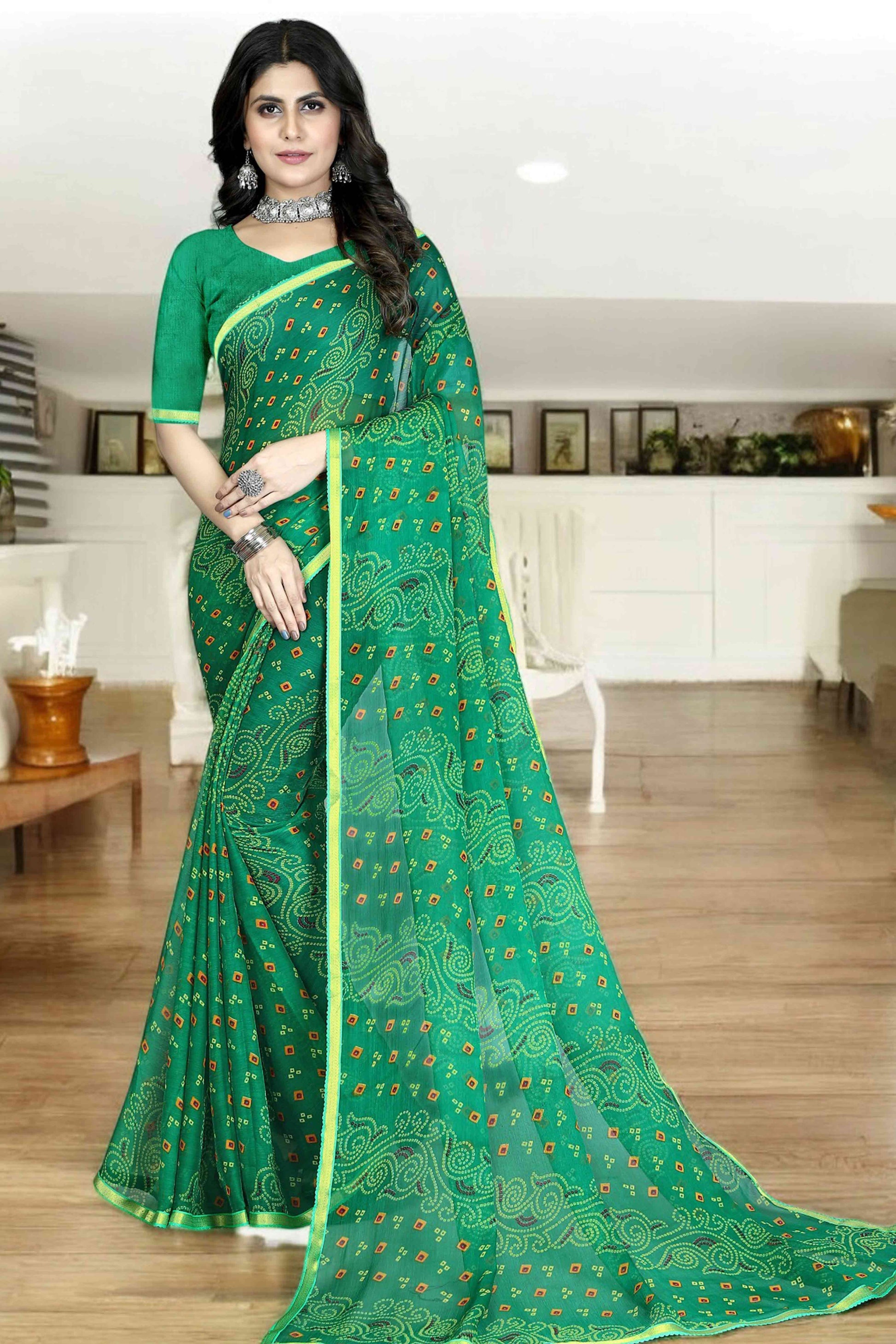 green-bandhani-printed-chiffon-saree-with-lace-border-6