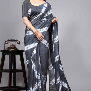 Grey Shibori Leheriya Printed Chanderi Cotton Silk Lagdi Patta Saree