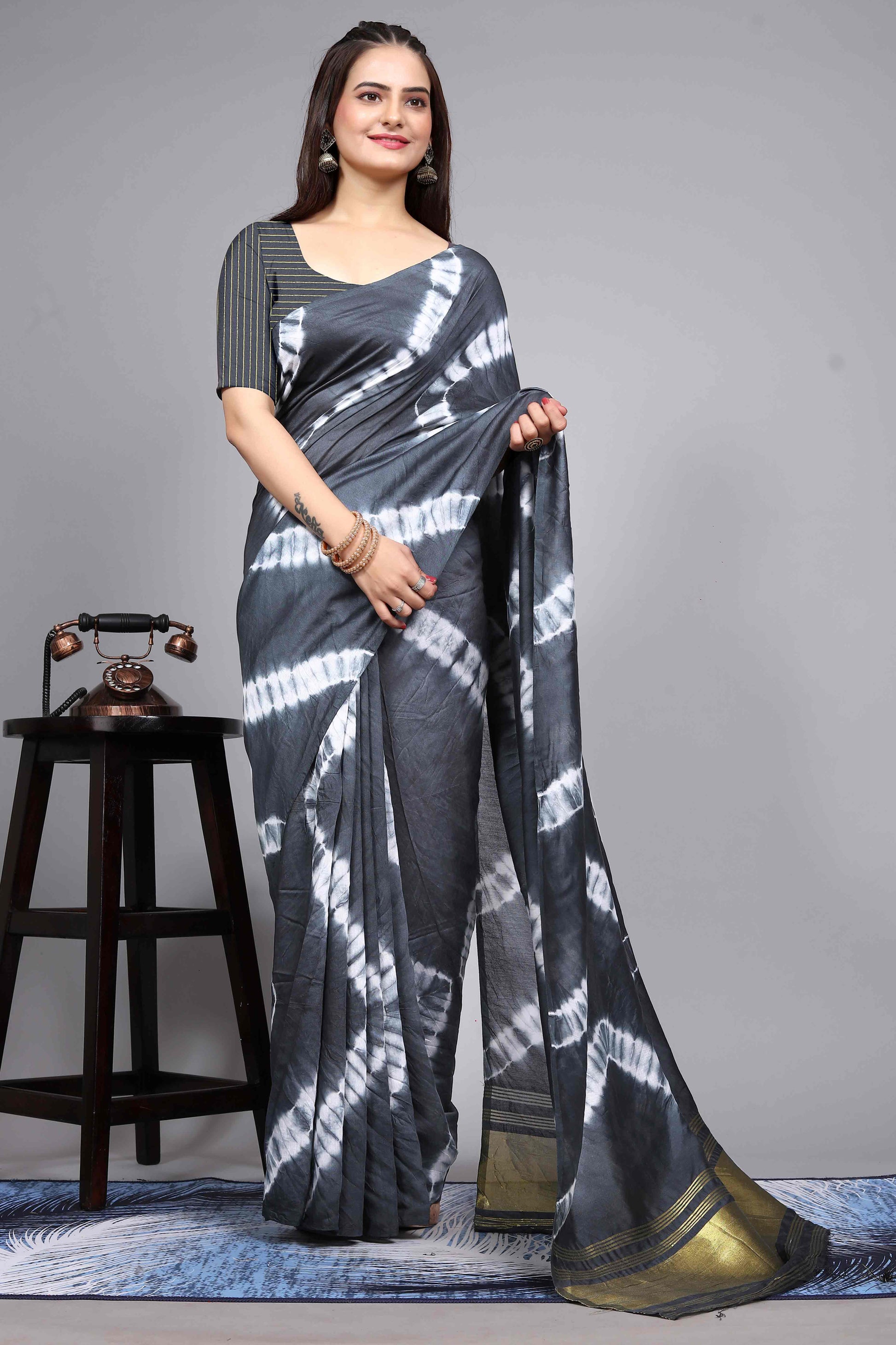 Grey Shibori Leheriya Printed Chanderi Cotton Silk Lagdi Patta Saree