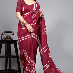 Maroon Shibori Leheriya Printed Chanderi Cotton Silk Lagdi Patta Saree