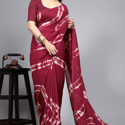 Maroon Shibori Leheriya Printed Chanderi Cotton Silk Lagdi Patta Saree