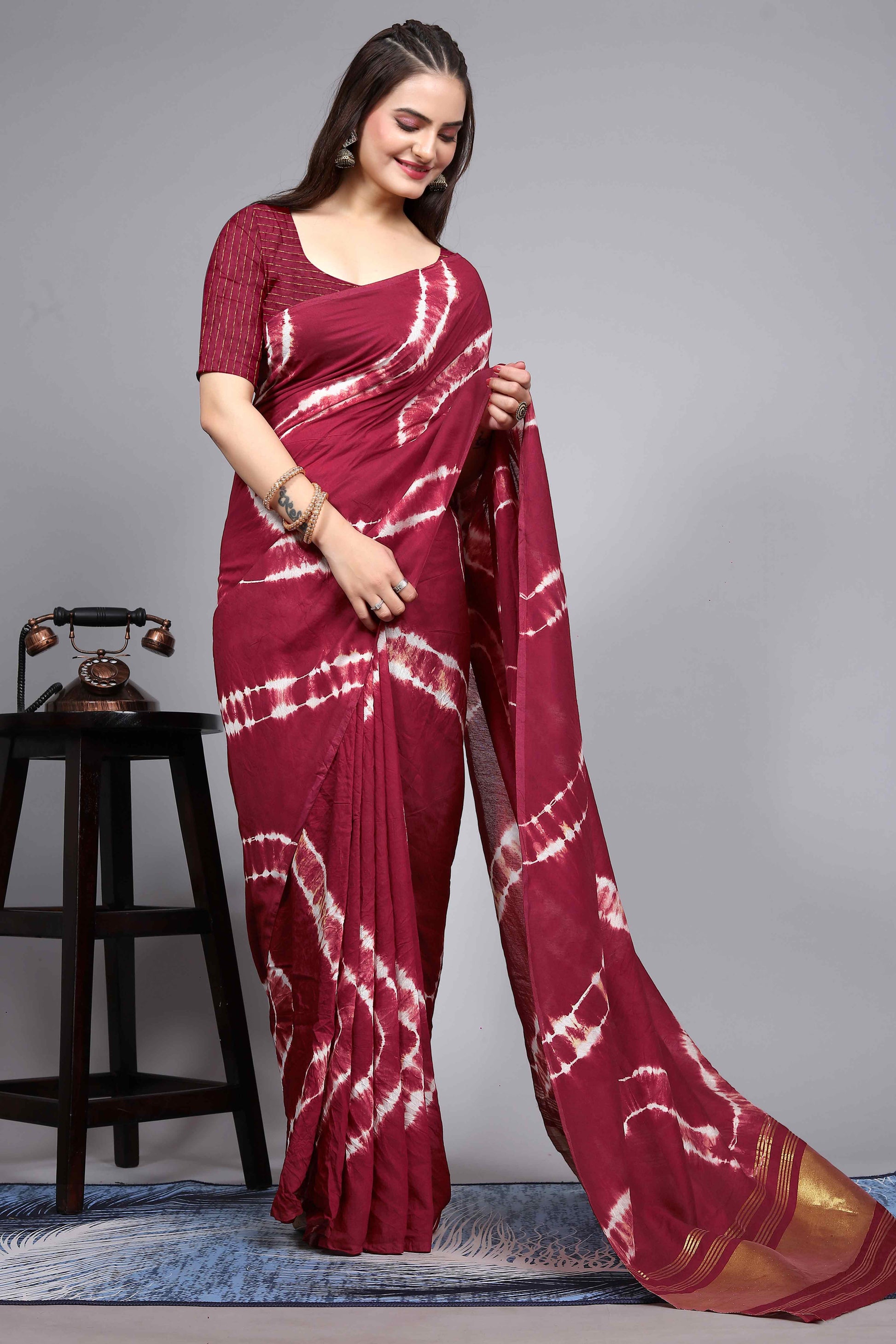 Maroon Shibori Leheriya Printed Chanderi Cotton Silk Lagdi Patta Saree