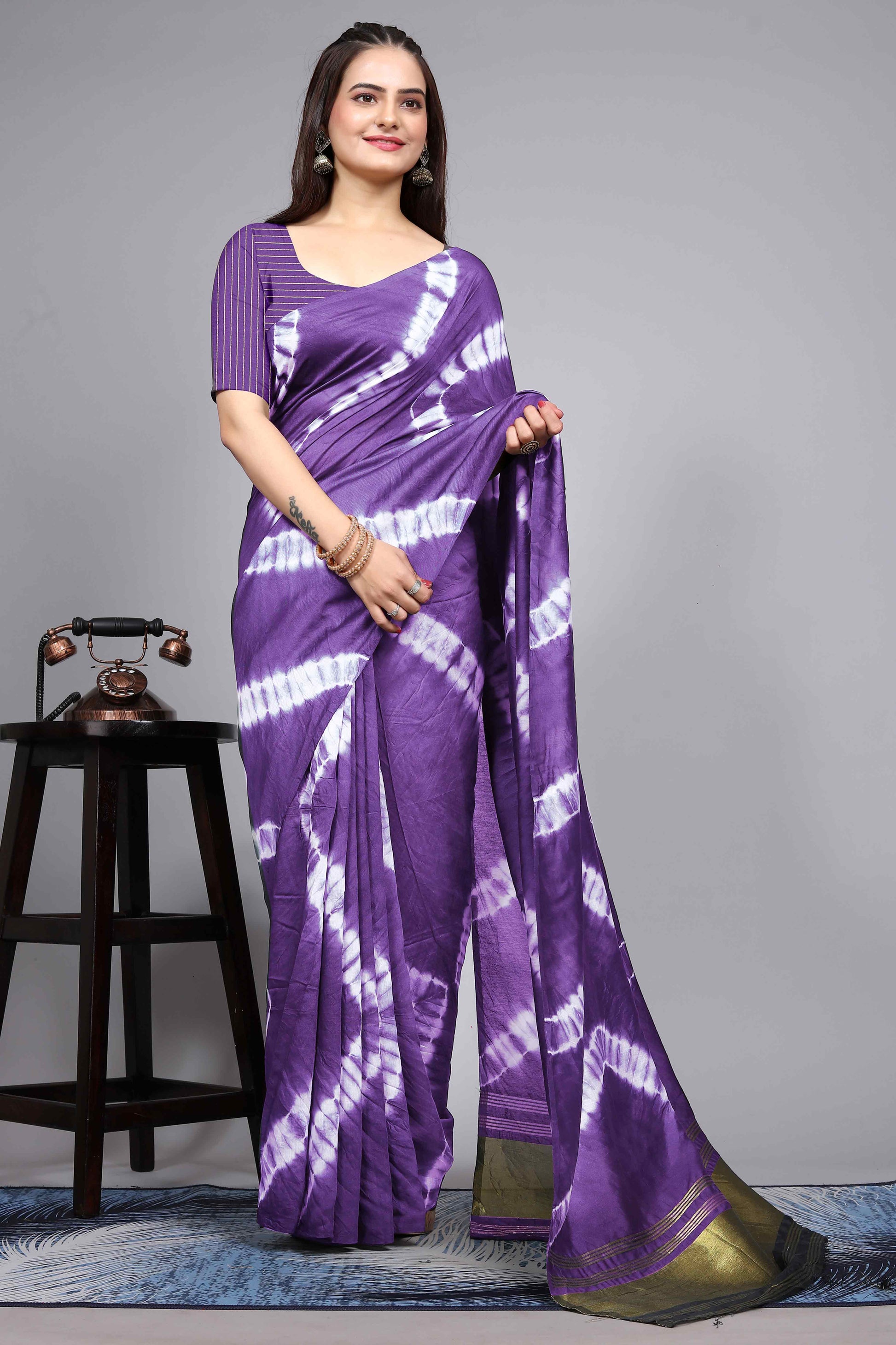 Lavender Shibori Leheriya Printed Chanderi Cotton Silk Lagdi Patta Saree